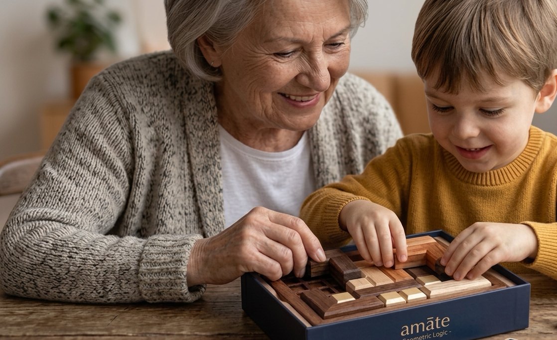 A grandmother and her grandson fitting wooden pieces into an amāte Geometric Logic puzzle at a kitchen table
