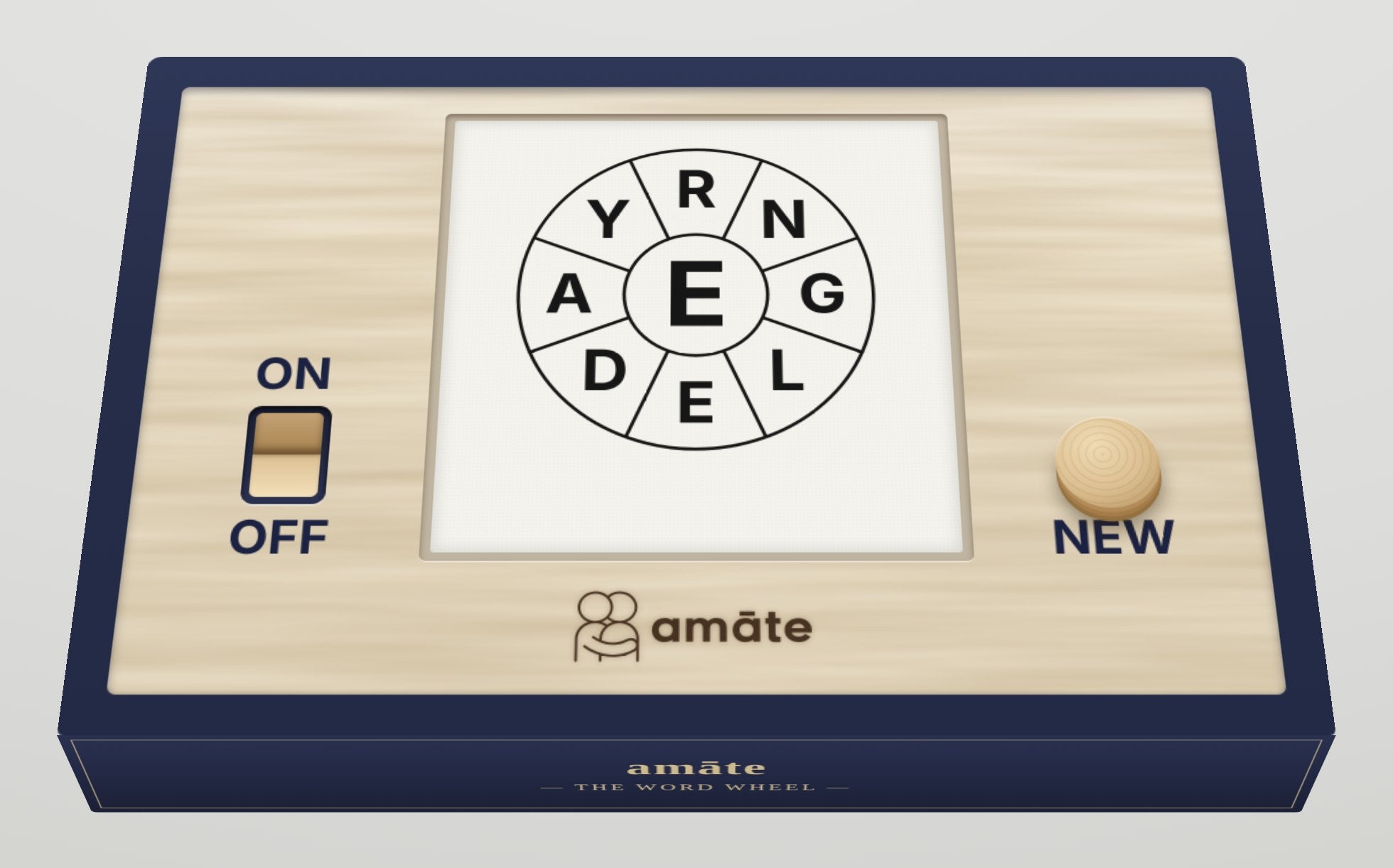 Mock-up of the amāte Word Wheel: a navy and birch box with a letter wheel screen, an on/off switch and a wooden NEW button
